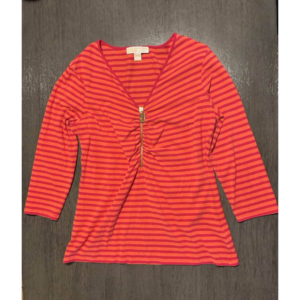 Michael Kors striped 3/4 sleeve half zip top Size L